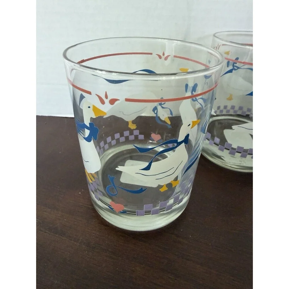 2 Vintage Libbey Country Geese Pink Heart Drinking Glasses Clear Blue Ribbons
